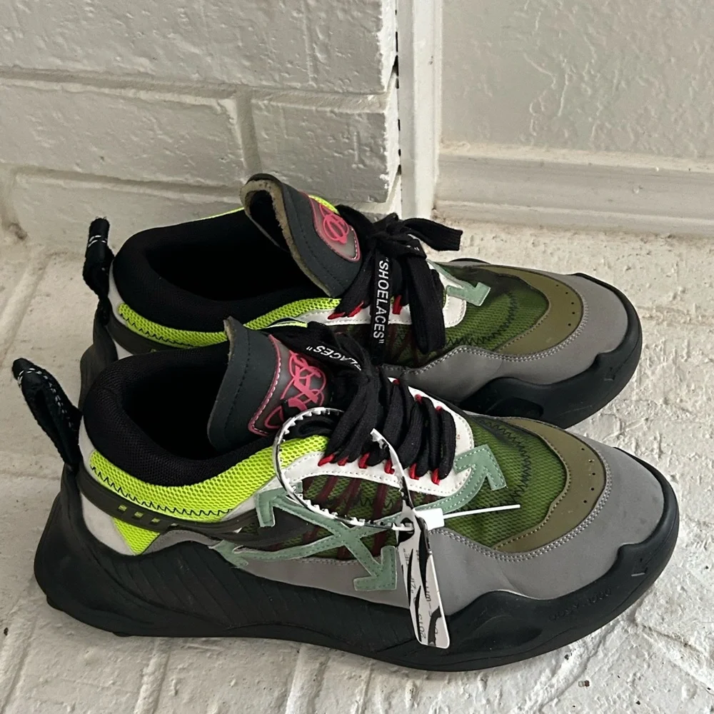 Off-White Men's Green, Gray & Neon Pink Accent Sneakers